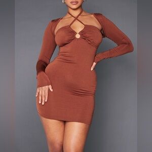 PrettyLittleThing Brown Slinky Long Sleeve Dress